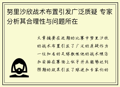 努里沙欣战术布置引发广泛质疑 专家分析其合理性与问题所在
